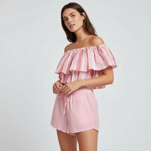 SHORE‎ Celia Flounce Striped Ruffle Crop Top Peasant Blouse sz Med NWT $118